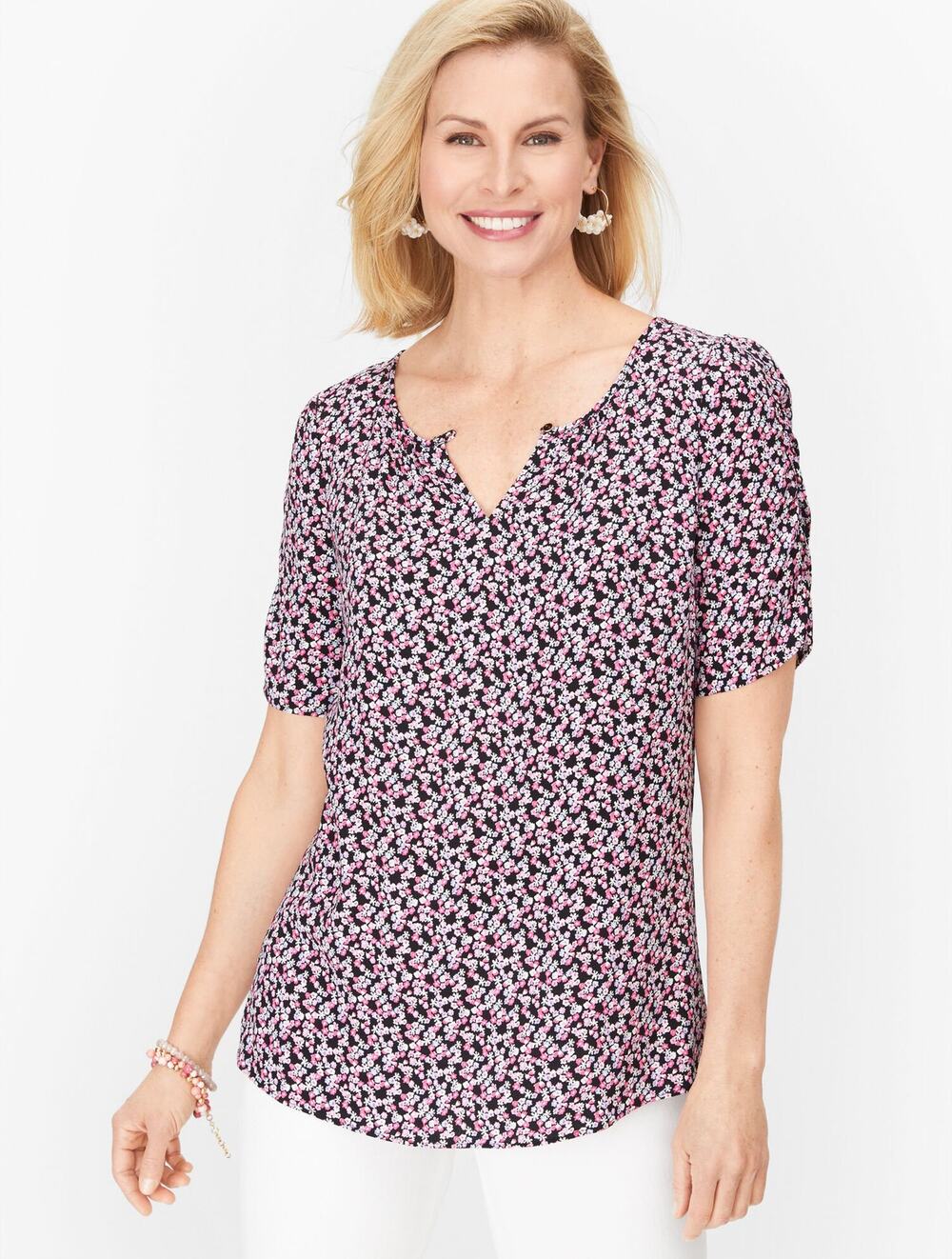 New Talbots Ditsy Playful Ruched Sleeve Top Black Pink Floral Button Front Sz 3X